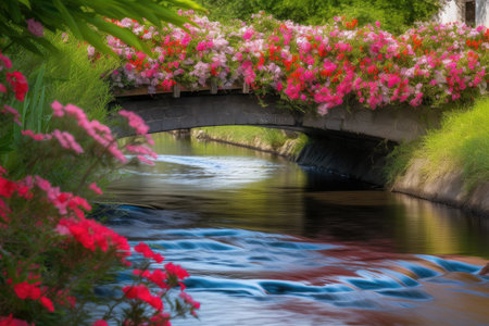 refreshing water channel with bridge and blooming flowers in the background, created with generative aiの素材