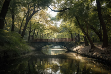 water channel with a bridge and towering trees on the other side, created with generative aiの素材