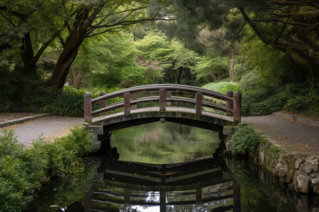 water channel with bridge leading to serene, natural setting, created with generative aiの素材