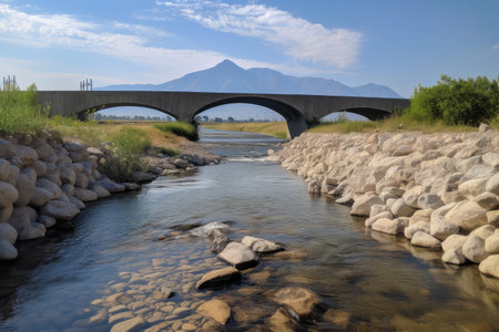 water channel with bridge and mountain view in the background, created with generative aiの素材