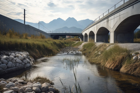 water channel with bridge and mountain view in the background, created with generative aiの素材
