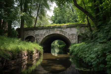 water channel with bridge, surrounded by natural surroundings and greenery, created with generative aiの素材