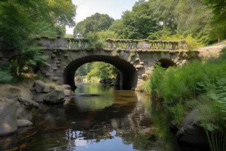 water channel with bridge, surrounded by natural surroundings and greenery, created with generative aiの素材