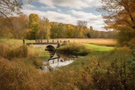 grassy field with water channel and bridge surrounded by autumn foliage, created with generative aiの素材