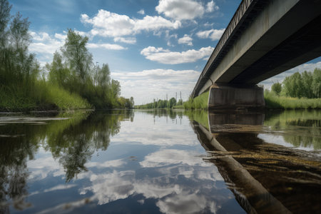 reflection of sky and clouds in the water channel, with bridge connecting the two banks, created with generative aiの素材