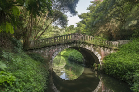 view of water channel with bridge, surrounded by lush greenery, created with generative aiの素材