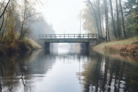 water channel with bridge over calm and serene water, created with generative aiの素材
