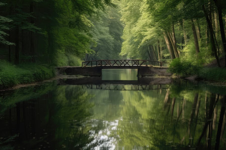 water channel with bridge over calm and serene water, created with generative aiの素材