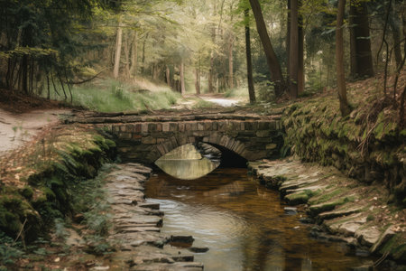 water channel with running water and bridge in peaceful natural setting, created with generative aiの素材