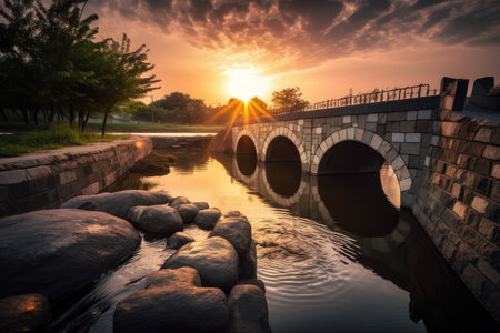 water channel with bridge and sunset in the background, creating a peaceful and serene atmosphere, created with generative aiの素材