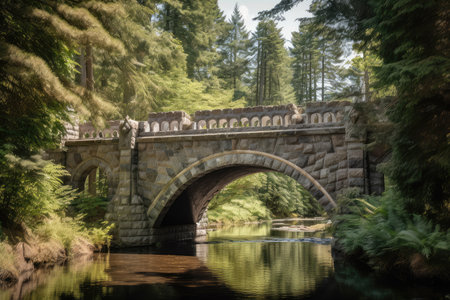majestic stone bridge over water channel, with towering evergreen trees in the background, created with generative aiの素材