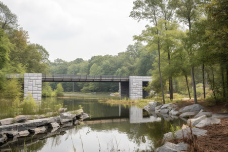 waterway with modern, minimalist bridge and natural surroundings, created with generative aiの素材