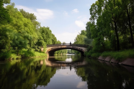 water channel with bridge and park on the shore, giving a view of greenery, created with generative aiの素材