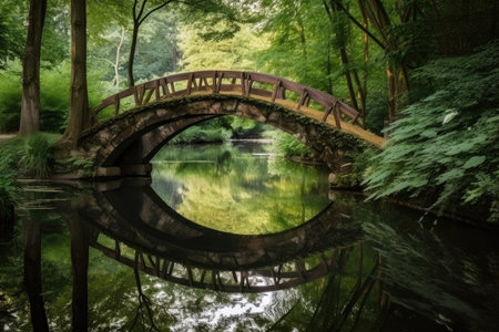 reflection of the water channel and bridge in tranquil and serene natural environment, created with generative aiの素材
