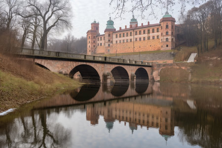 bridge over water channel with view of historic castle in the background, created with generative aiの素材