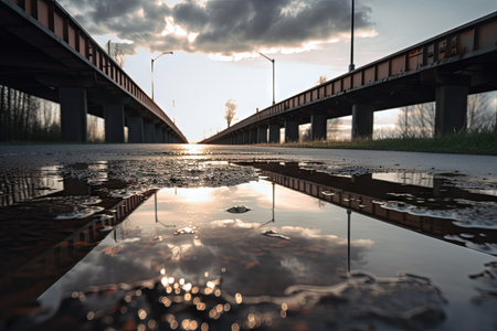 puddle of water on a bridge, with reflections of the sky and clouds visible, created with generative aiの素材
