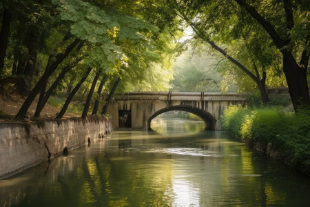 water channel with bridge and green trees on the background, created with generative aiの素材