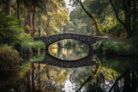 peaceful stream with bridge and reflection of trees on the water, created with generative aiの素材