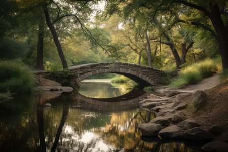 peaceful stream with bridge and reflection of trees on the water, created with generative aiの素材