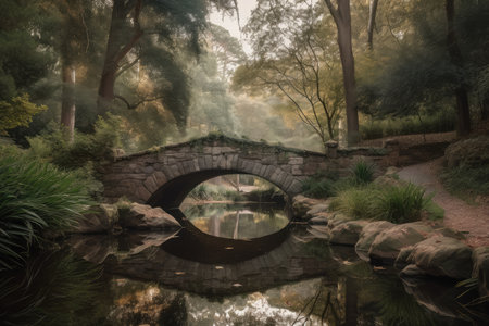 peaceful water channel with bridge and serene landscape in the background, created with generative aiの素材