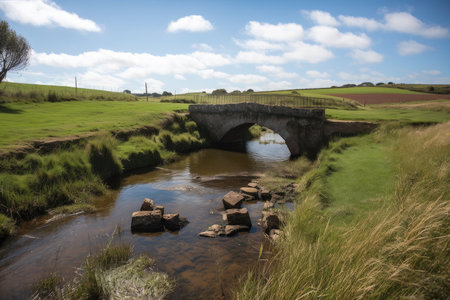 water channel with a bridge over it and the green pastures in the background, created with generative aiの素材