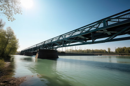 modern steel bridge over crystal-clear water channel on sunny day, created with generative aiの素材