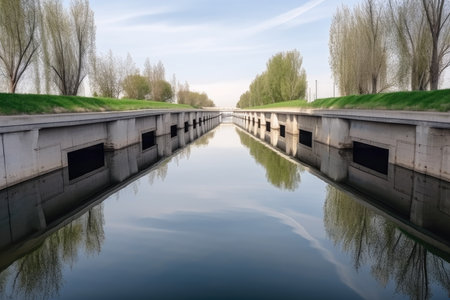 water channel with bridge and reflection in the form of mirror on the surface of the water, created with generative aiの素材