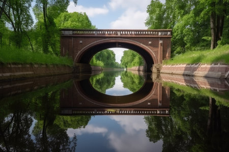 water channel with bridge and reflection in the form of mirror on the surface of the water, created with generative aiの素材