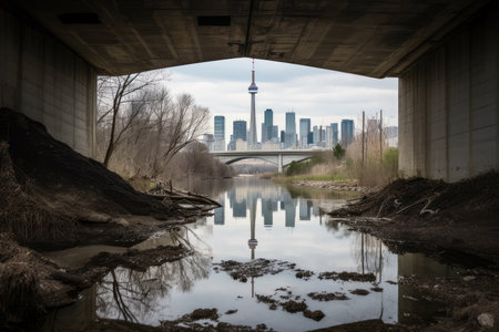 water channel with bridge and view of city skyline in the distance, created with generative aiの素材