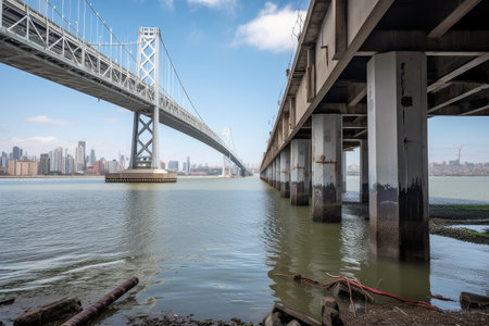 water channel with bridge and view of city skyline in the distance, created with generative aiの素材