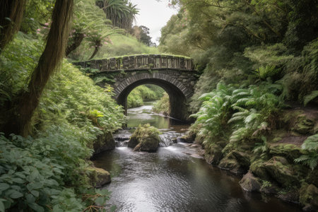 water channel with bridge over rushing water, surrounded by lush greenery, created with generative aiの素材
