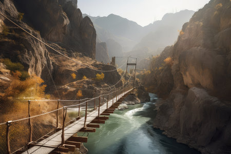 a graceful suspension bridge crossing a water channel, surrounded by towering cliffs, created with generative aiの素材