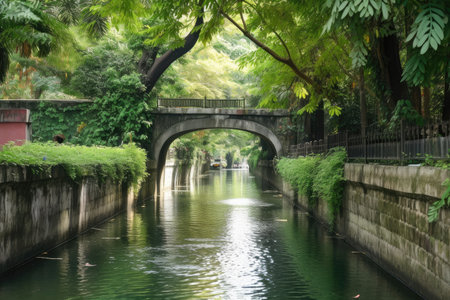 water channel with bridge surrounded by lush greenery, perfect for a stroll, created with generative aiの素材