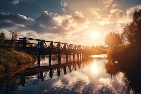 water channel with bridge and sun shining through the clouds, creating a warm and peaceful atmosphere, created with generative aiの素材