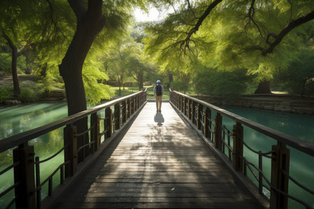 person, walking over bridge, with view of serene water channel and greenery, created with generative aiの素材