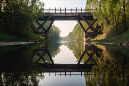 reflection of bridge and water channel on still lake, created with generative aiの素材