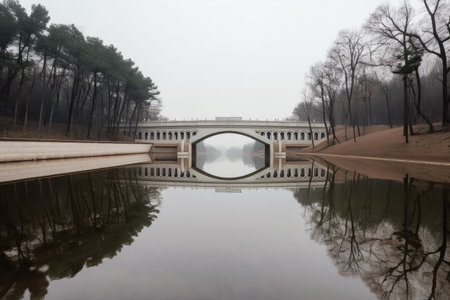 reflection of bridge and water channel on still lake, created with generative aiの素材