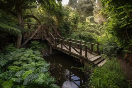 water channel, with bridge and wooden decking, surrounded by lush greenery, created with generative aiの素材