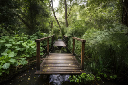 water channel, with bridge and wooden decking, surrounded by lush greenery, created with generative aiの素材