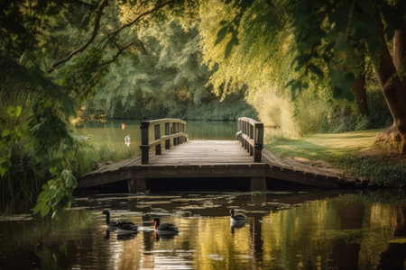 idyllic view of a wooden bridge over calm water channel, with green foliage and birds in the background, created with generative aiの素材