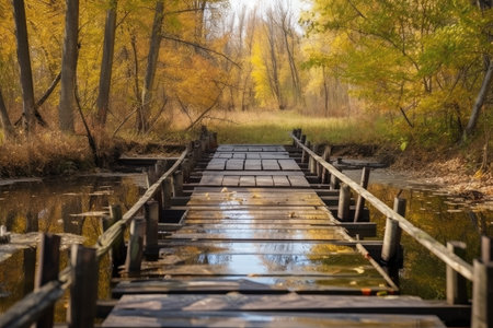 water channel with bridge of wooden planks, surrounded by autumn foliage, created with generative aiの素材