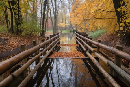 water channel with bridge of wooden planks, surrounded by autumn foliage, created with generative aiの素材