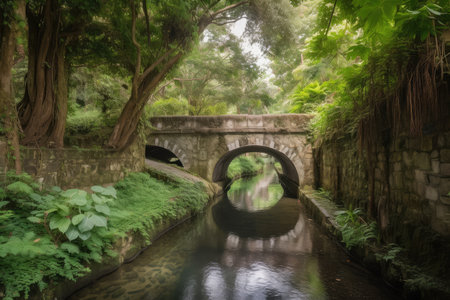 water channel with bridge surrounded by lush greenery, perfect for a relaxing walk, created with generative aiの素材