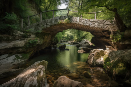 stream of crystal-clear water flowing over natural stone bridge, created with generative aiの素材