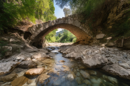 stream of crystal-clear water flowing over natural stone bridge, created with generative aiの素材