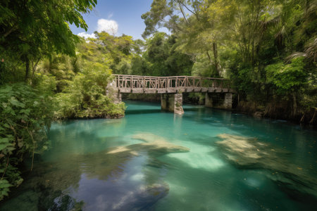 water channel with bridge surrounded by lush greenery and clear blue water, created with generative aiの素材