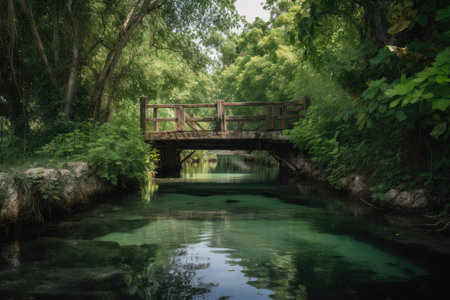 water channel with bridge surrounded by lush greenery and clear blue water, created with generative aiの素材