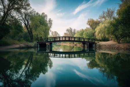 serene water channel with bridge and reflection of the sky, backdrop of tranquil natural setting, created with generative aiの素材