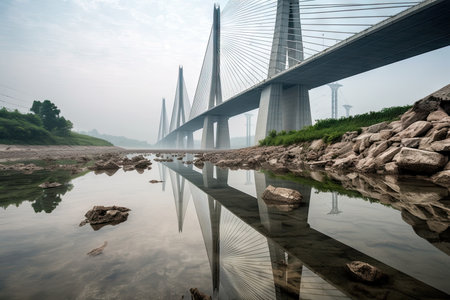 majestical bridge, connecting two different worlds of water and land, created with generative aiの素材