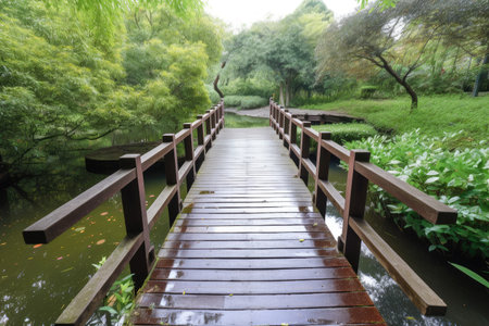 peaceful water channel, with bridge and wooden decking, surrounded by greenery, created with generative aiの素材